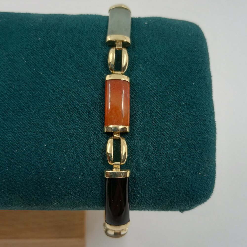 Vintage 14K Yellow Gold Multi color Jade Link Tennis Bracelet.